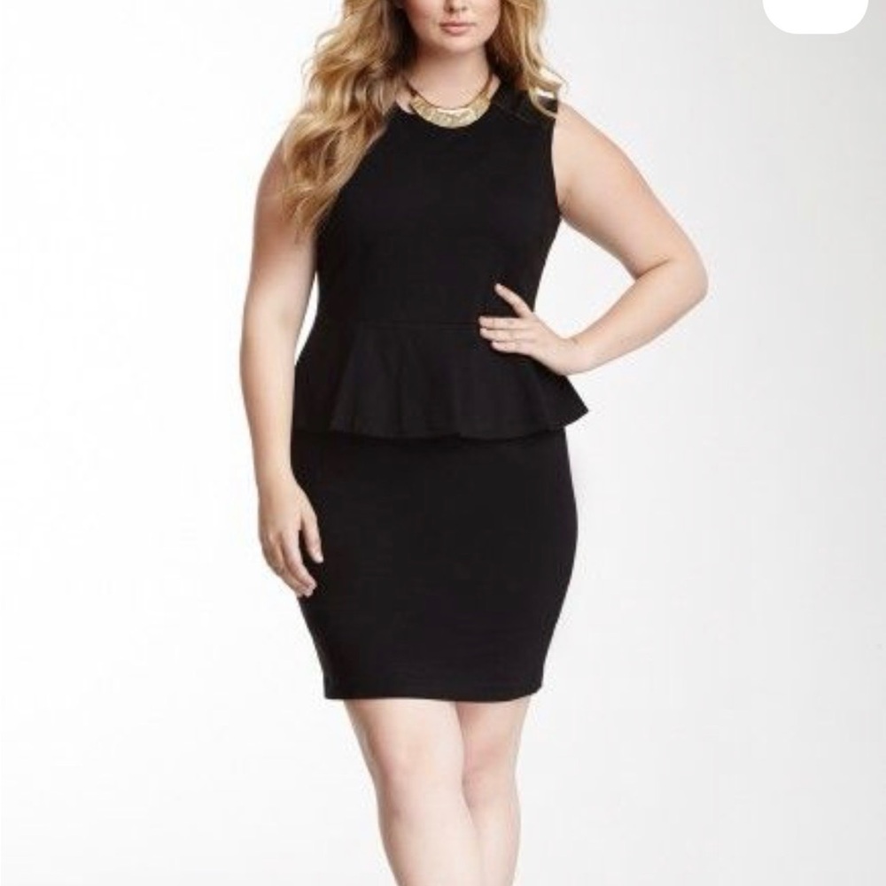 Vince Camuto Black Peplum Dress with pleather shoulder detail. Size 14W.